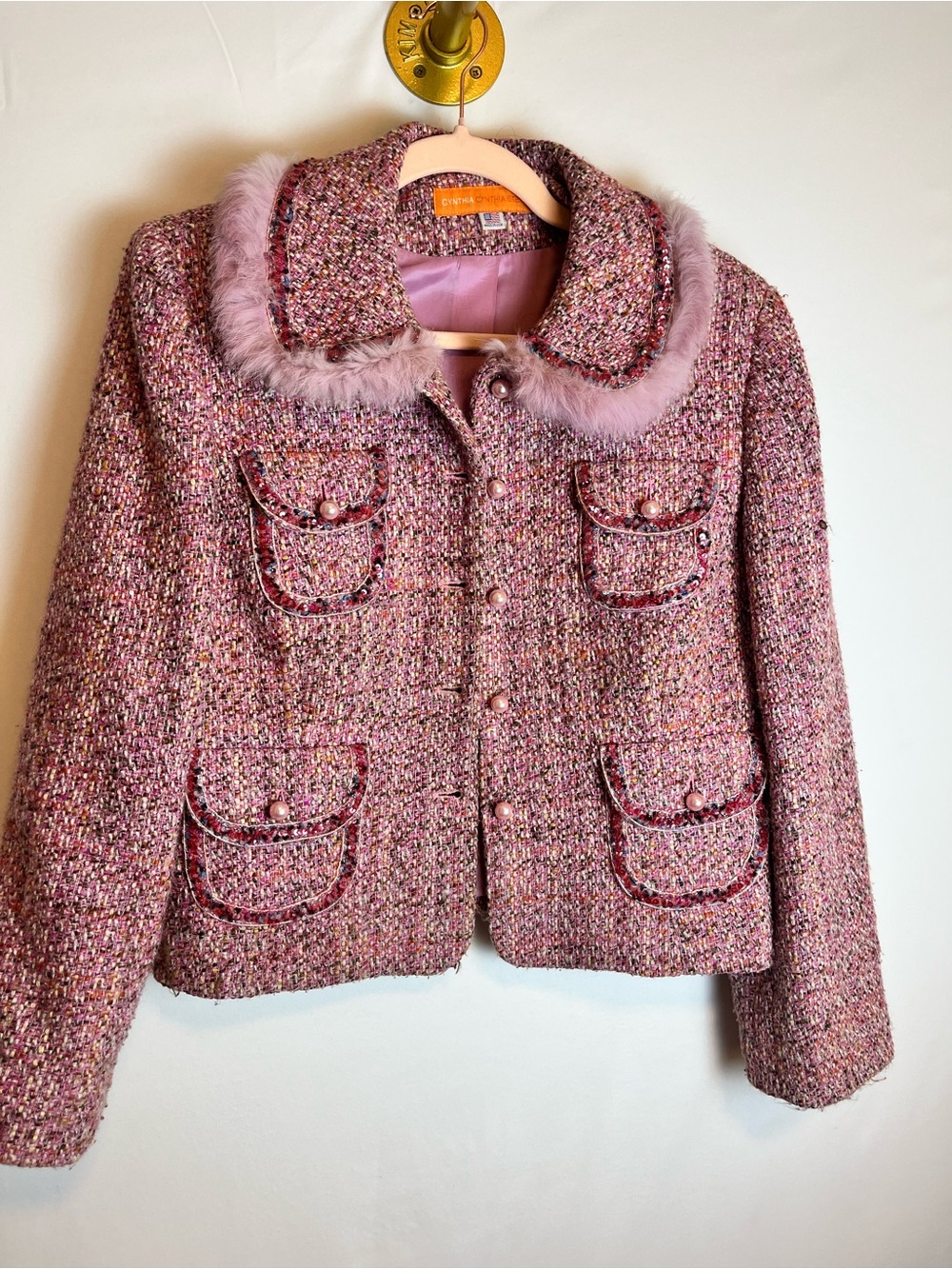 Cynthia Steffe Pink Tweed Pearl-Button Jacket with Faux Fur Trim